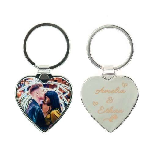 Personalied heart shaped keyring with custom photo and engraved message.