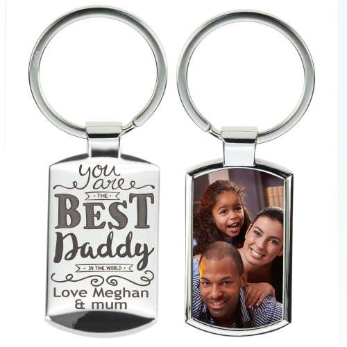 Custom "Best Dad" keyring with engraved message and printed photo, a heartfelt personalised gift for fathers to cherish special memories.