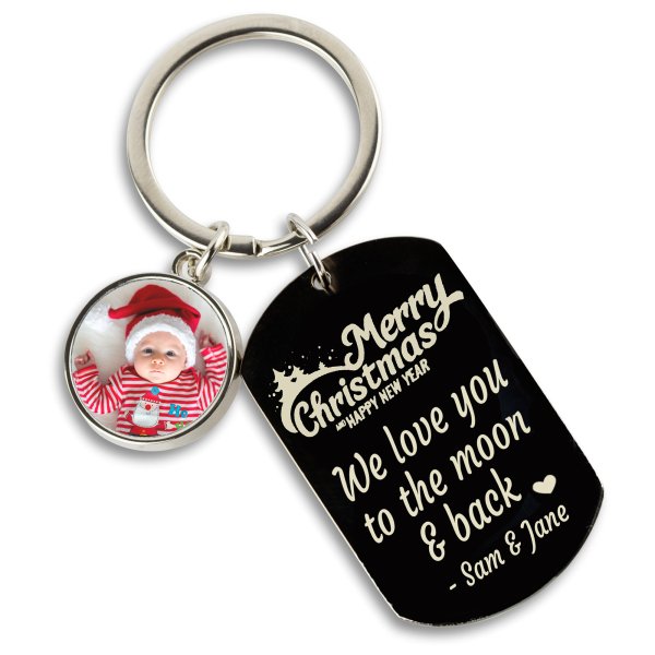 photo printed round tag merry xmas engraved tag keyring
