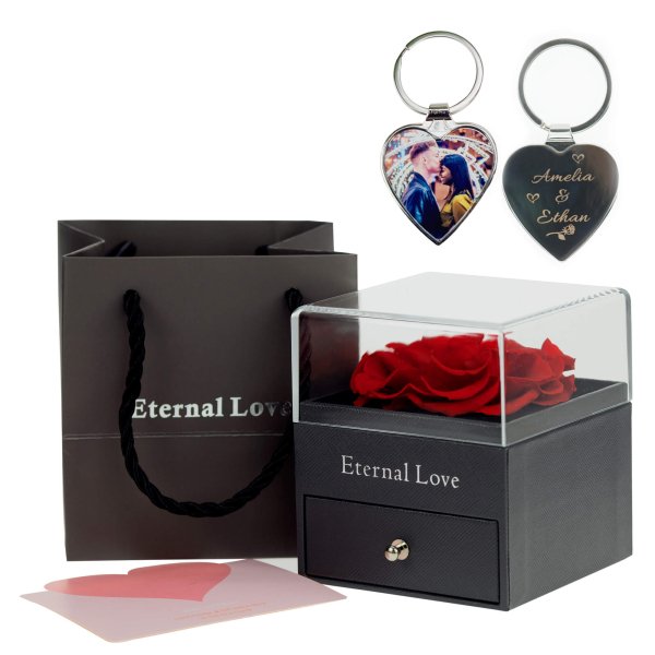 Heart Key Ring With Engraved Rose Box