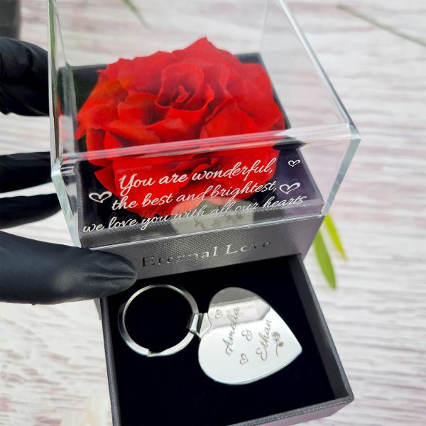 Heart Key Ring With Engraved Rose Box
