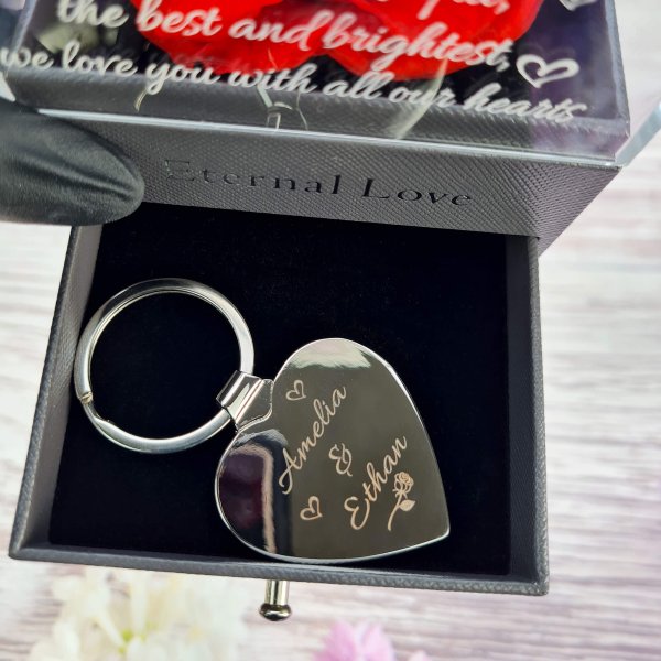Heart Key Ring With Engraved Rose Box