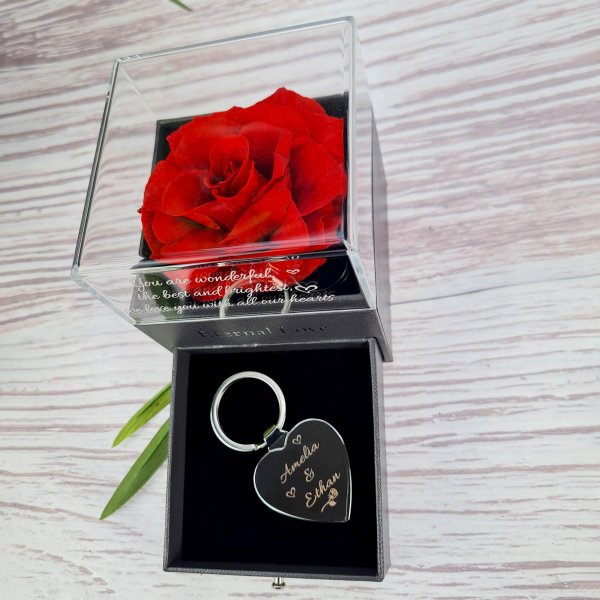Heart Key Ring With Engraved Rose Box