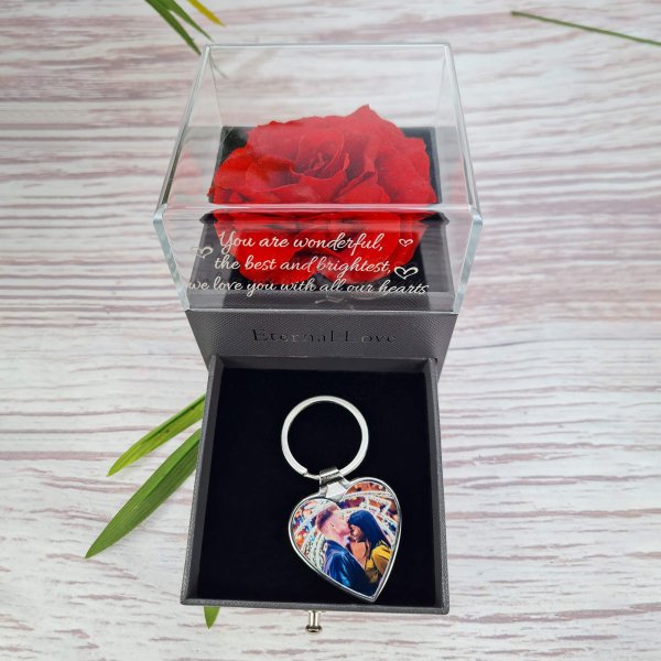 Heart Key Ring With Engraved Rose Box